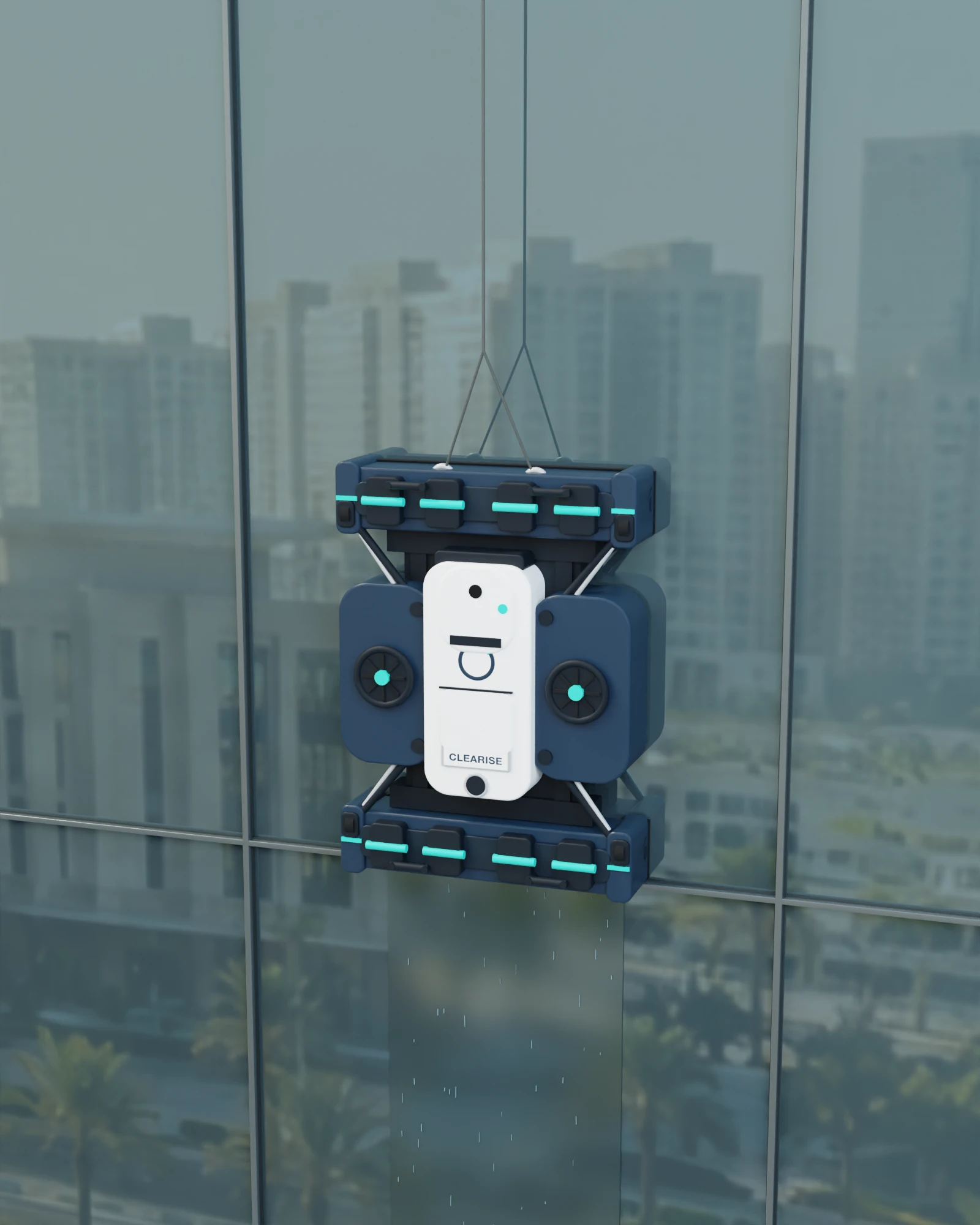 Cleaning robot in contact with a glass facade, with its safety line visible above